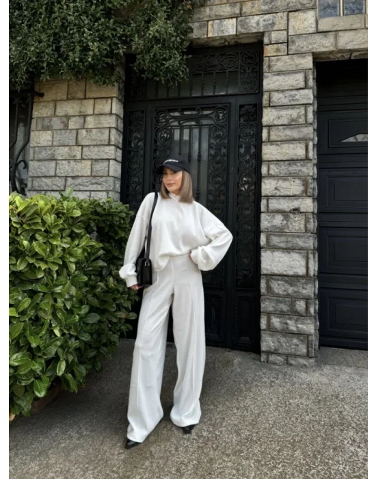 Crop, Pantolon Fitilli İkili Takım -Beyaz