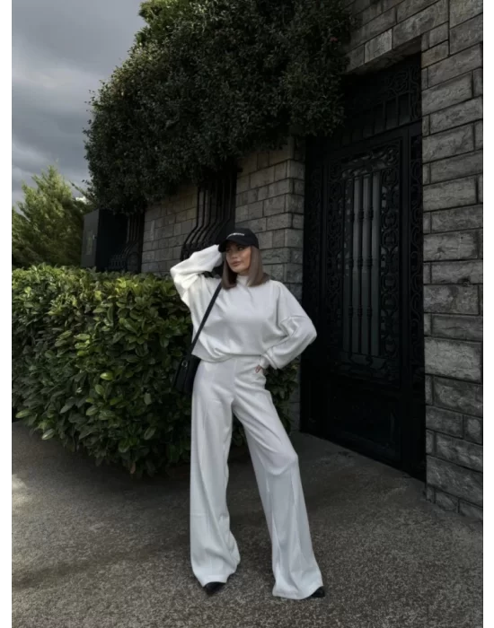 Crop, Pantolon Fitilli İkili Takım -Beyaz