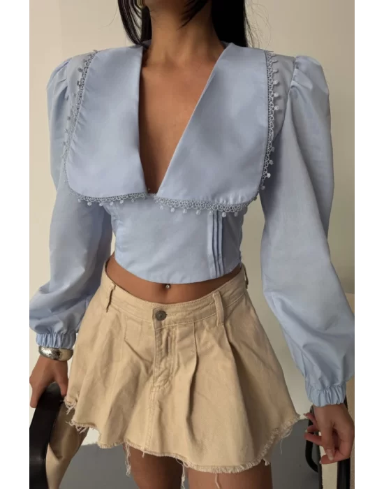 CROP POPLİN GÖMLEK YAKA KENAR DANTEL DETAYLI - Bebe Mavi
