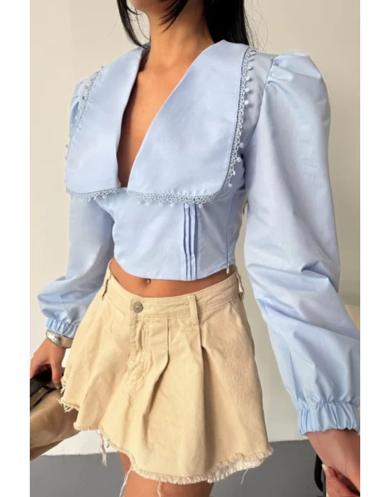 CROP POPLİN GÖMLEK YAKA KENAR DANTEL DETAYLI - Bebe Mavi