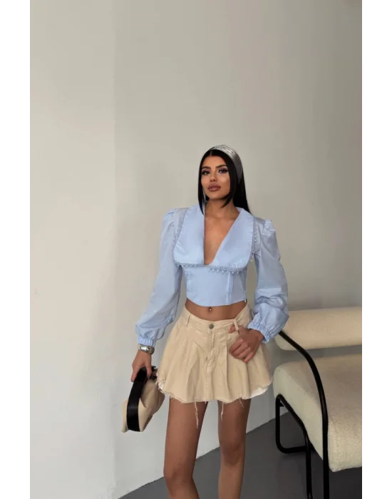 CROP POPLİN GÖMLEK YAKA KENAR DANTEL DETAYLI - Bebe Mavi