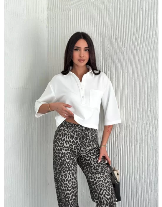 Crop Yakalı Gömlek Üç Çeyrek Sleeve Kol - Beyaz