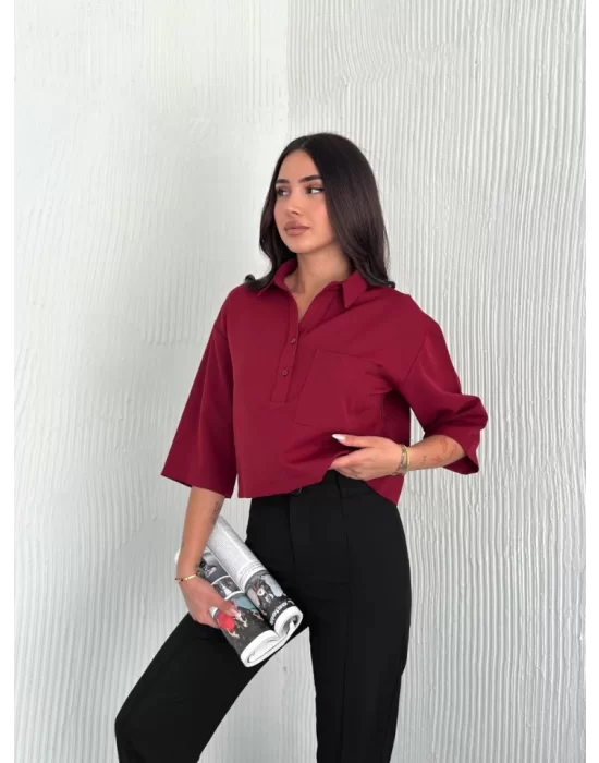 Crop Yakalı Gömlek Üç Çeyrek Sleeve Kol - Bordo