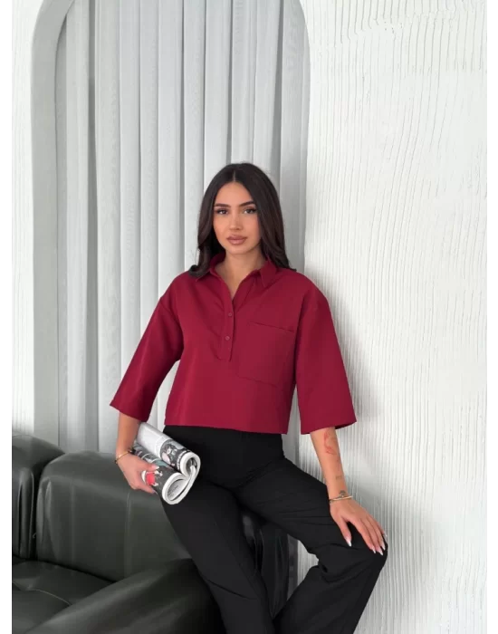 Crop Yakalı Gömlek Üç Çeyrek Sleeve Kol - Bordo
