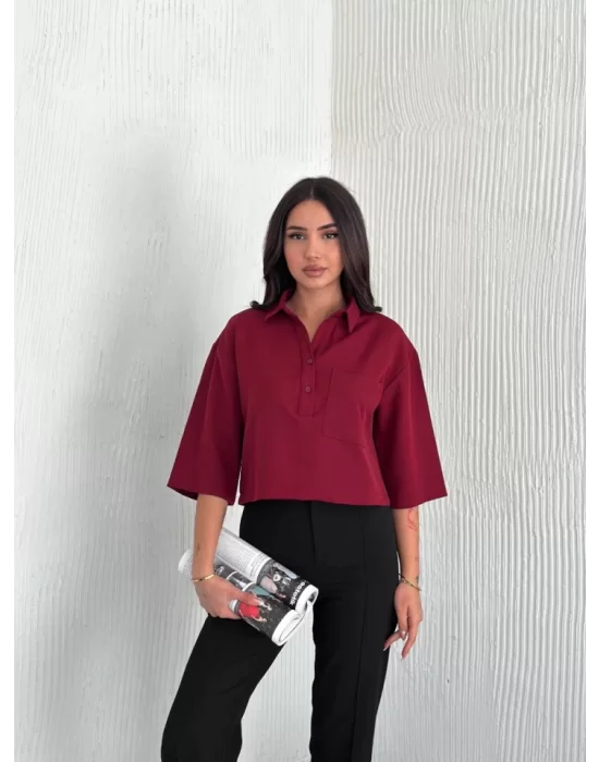 Crop Yakalı Gömlek Üç Çeyrek Sleeve Kol - Bordo
