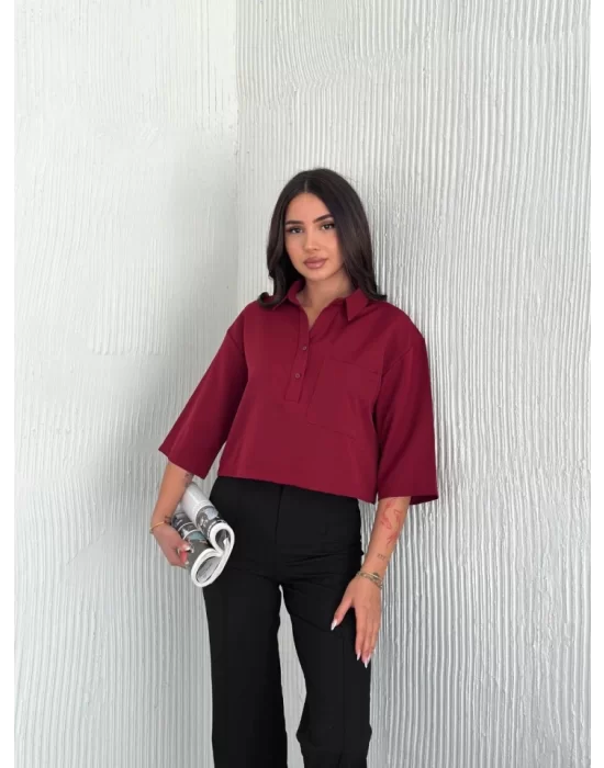 Crop Yakalı Gömlek Üç Çeyrek Sleeve Kol - Bordo