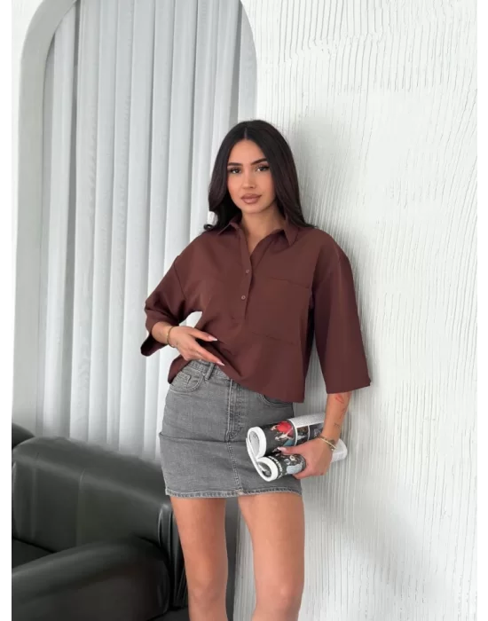 Crop Yakalı Gömlek Üç Çeyrek Sleeve Kol - Kahverengi