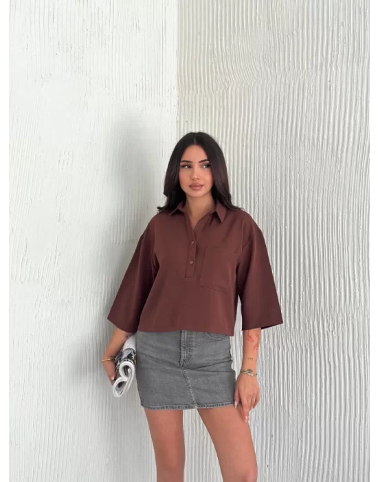 Crop Yakalı Gömlek Üç Çeyrek Sleeve Kol - Kahverengi