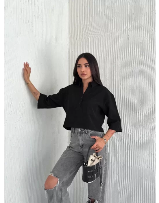 Crop Yakalı Gömlek Üç Çeyrek Sleeve Kol - Siyah