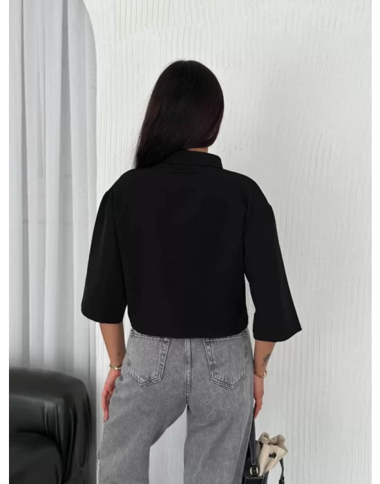 Crop Yakalı Gömlek Üç Çeyrek Sleeve Kol - Siyah