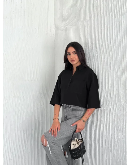 Crop Yakalı Gömlek Üç Çeyrek Sleeve Kol - Siyah
