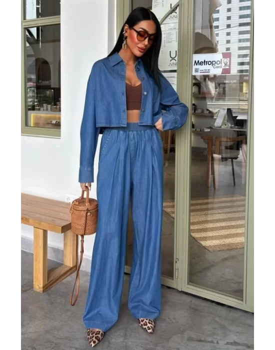 Denim Gömlek Plazzo Pantolon Takım 10163-08