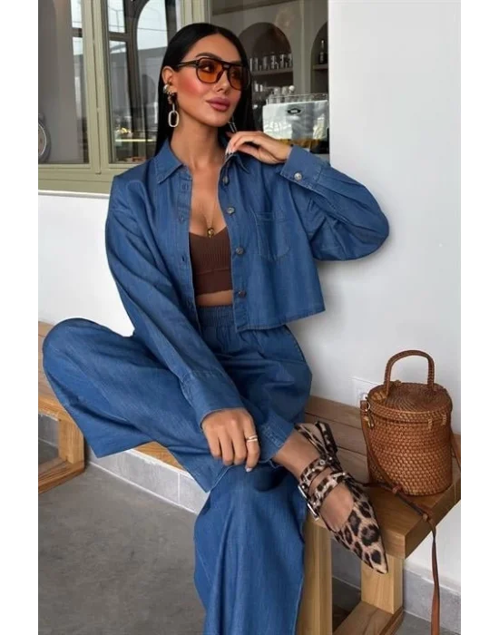Denim Gömlek Plazzo Pantolon Takım 10163-08