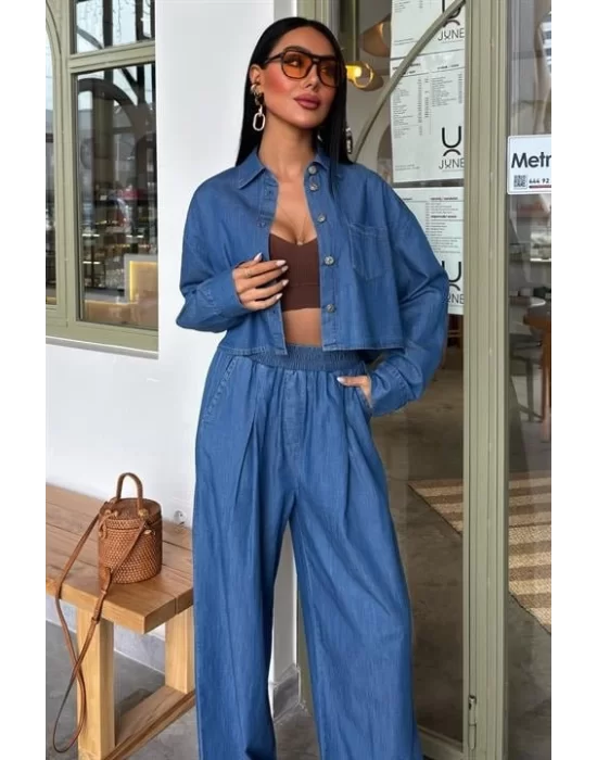Denim Gömlek Plazzo Pantolon Takım 10163-08
