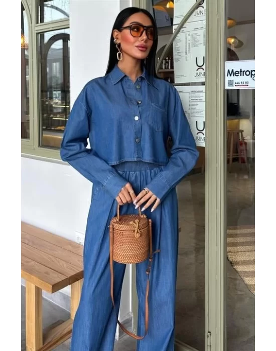 Denim Gömlek Plazzo Pantolon Takım 10163-08