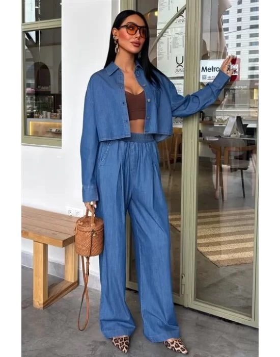Denim Gömlek Plazzo Pantolon Takım 10163-08