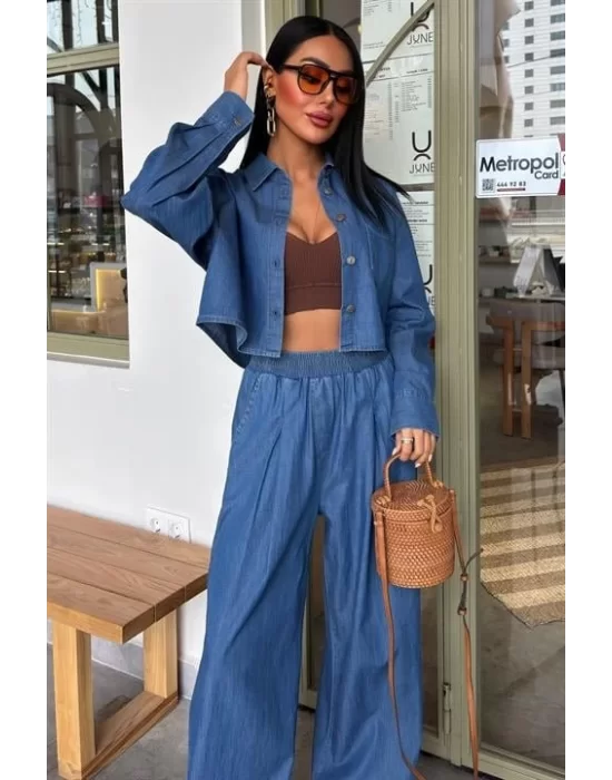 Denim Gömlek Plazzo Pantolon Takım 10163-08