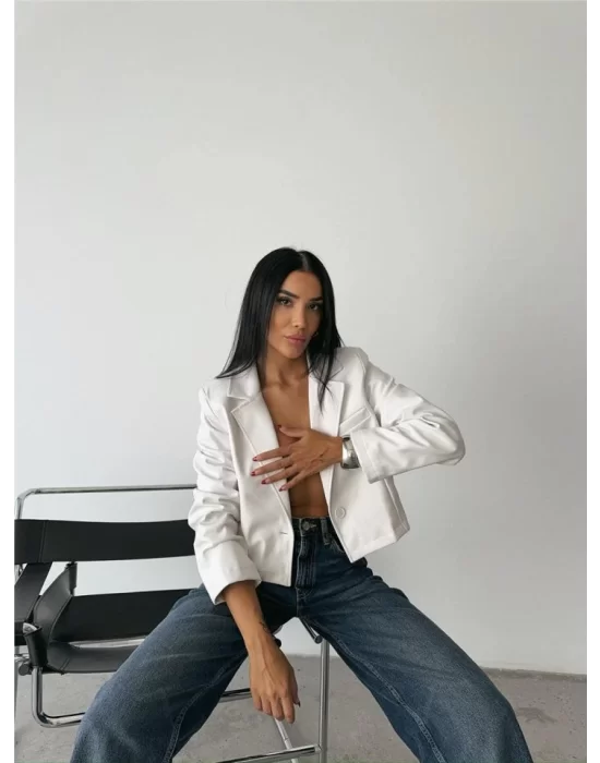 DERİ CROP CEKET TEK DÜĞME - Beyaz