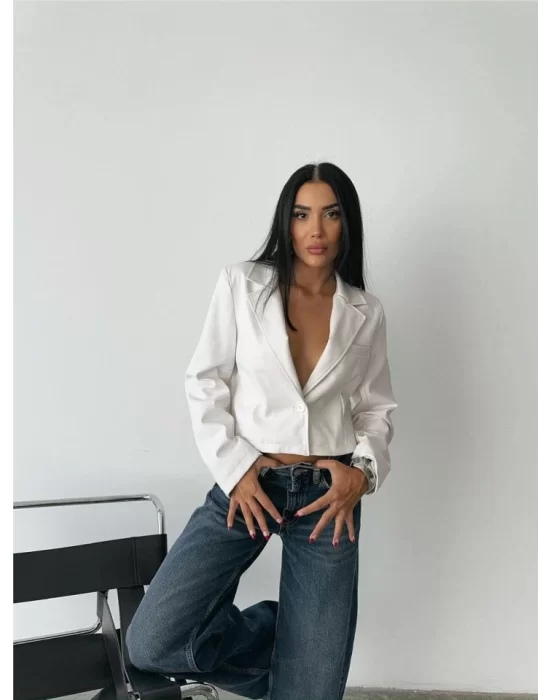 DERİ CROP CEKET TEK DÜĞME - Beyaz