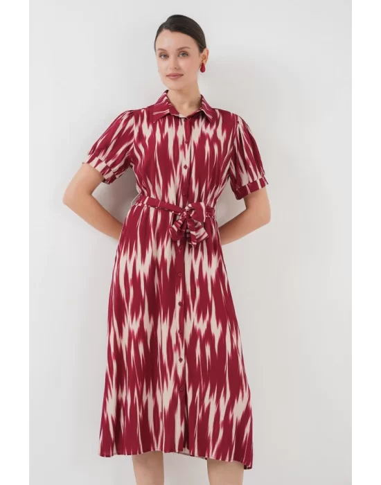 Desenli Kısa Kol Elbise 2532 - Bordo