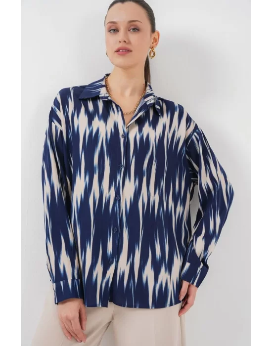 Desenli Oversize Gömlek 20301 - Lacivert