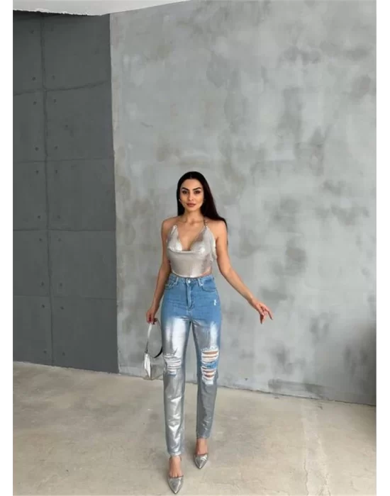 DİZ YIRTIK VARAKLI MOM KOT PANTOLON - Gümüş