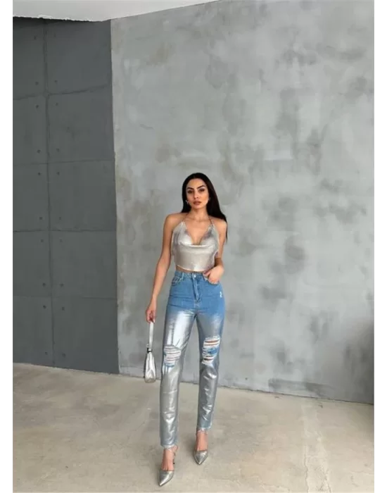 DİZ YIRTIK VARAKLI MOM KOT PANTOLON - Gümüş