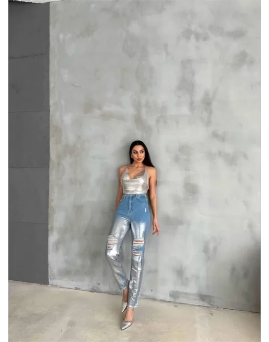 DİZ YIRTIK VARAKLI MOM KOT PANTOLON - Gümüş