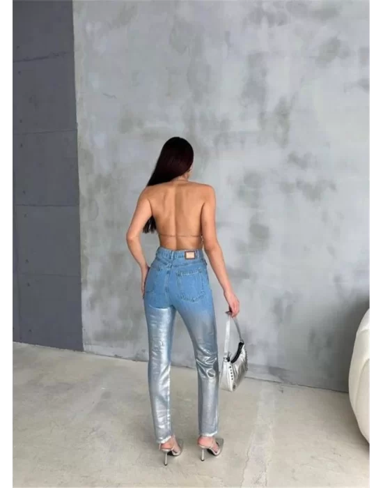 DİZ YIRTIK VARAKLI MOM KOT PANTOLON - Gümüş