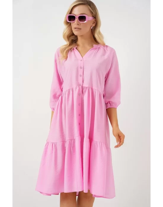 Düğmeli Kısa Kol Elbise 2559 - Pembe