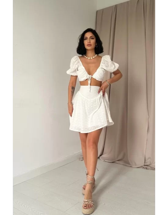 Fuşya Brode Crop Ve Mini Etek Takım