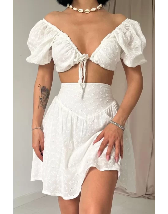 Fuşya Brode Crop Ve Mini Etek Takım