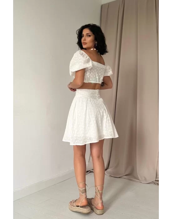 Fuşya Brode Crop Ve Mini Etek Takım