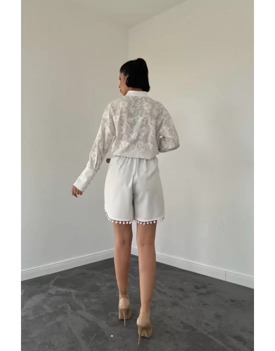 Ekru Dantelli Gömlek Ve Ponpolu Şort Takım
