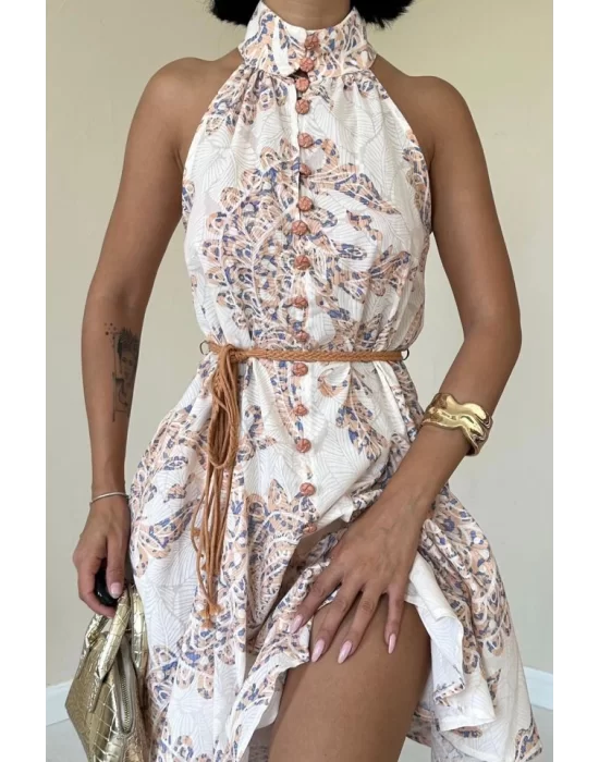 Ekru Halter Yaka Elbise