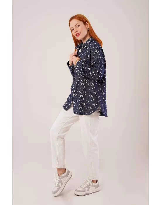 Eskitme Görünümlü Denim Mavi Gömlek