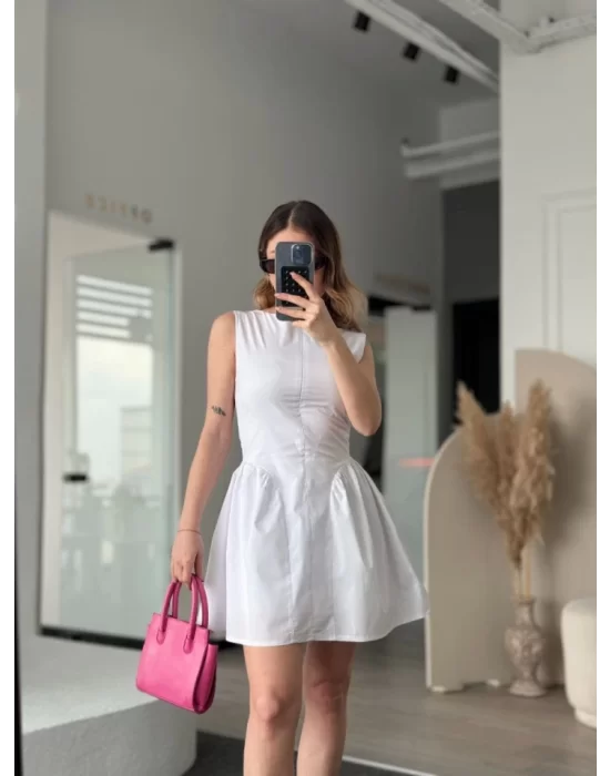 Fermuar Detaylı Mini Elbise - Beyaz