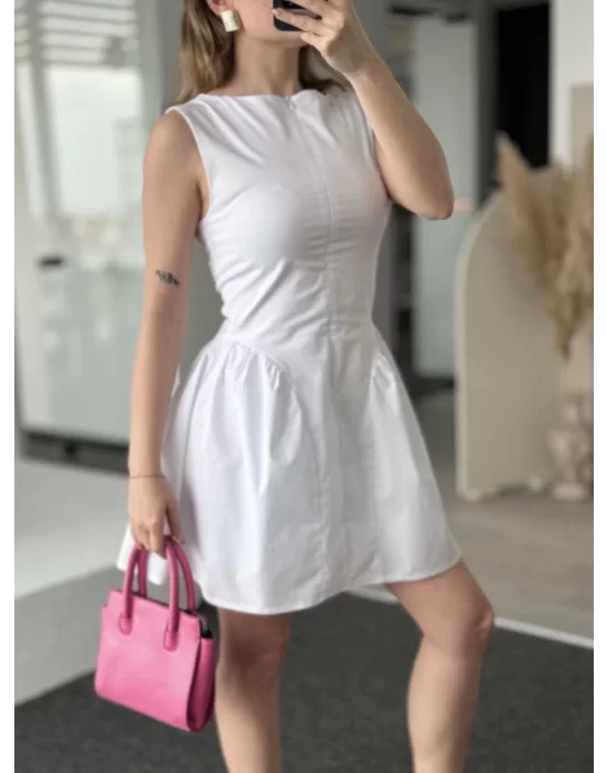 Fermuar Detaylı Mini Elbise - Beyaz