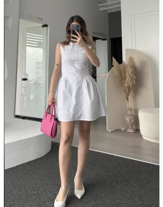 Fermuar Detaylı Mini Elbise - Beyaz