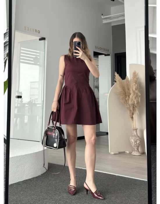 Fermuar Detaylı Mini Elbise - Kahve
