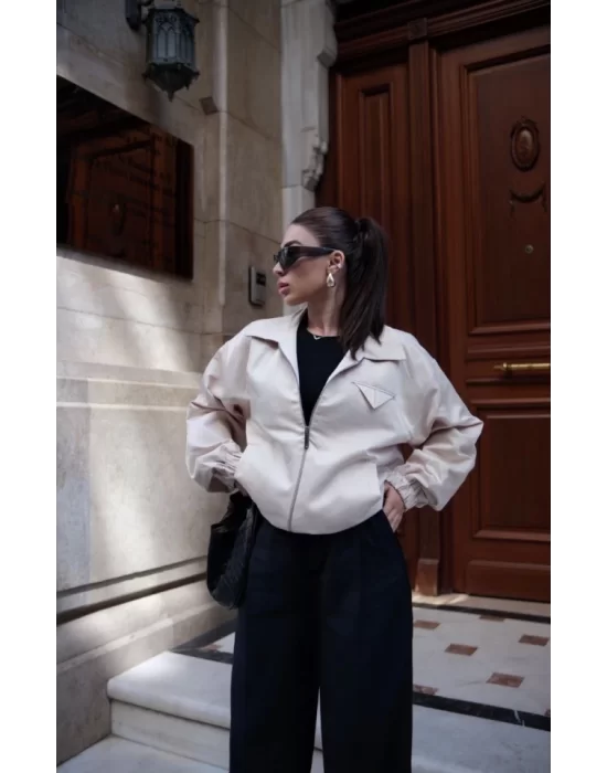 Fermuarlı Gömlek Yaka Bomber Ceket - Beyaz