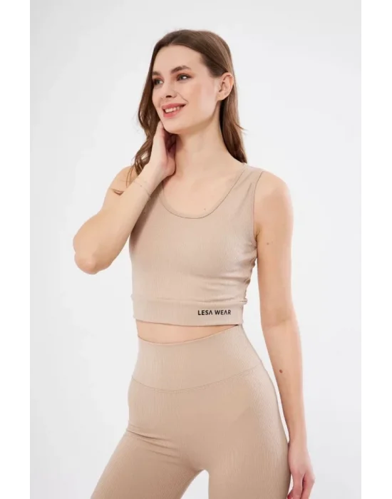 Fitilli Baskılı Crop - Bej