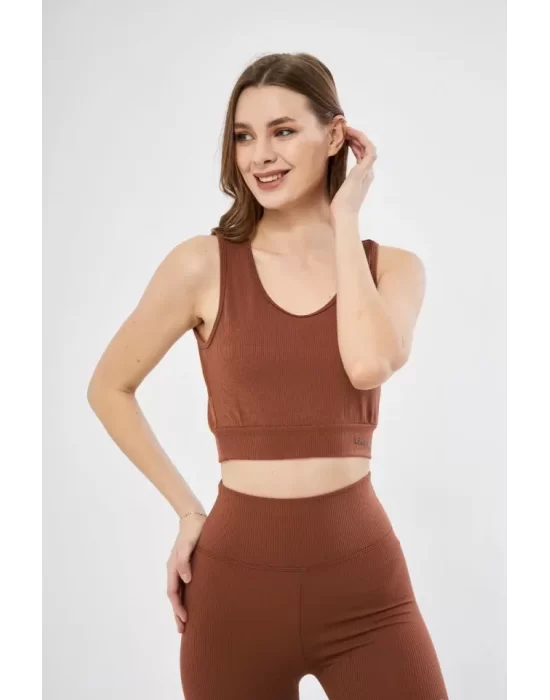 Fitilli Baskılı Crop - Kahve