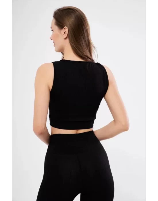 Fitilli Baskılı Crop - Siyah