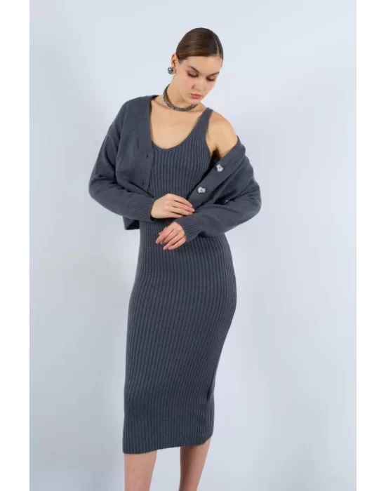 Fitilli Elbise Hırkalı Takım - Füme