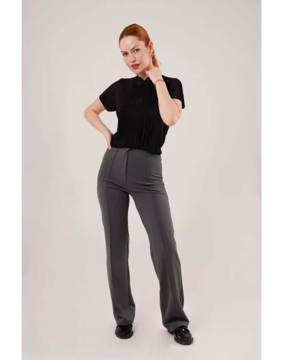 Fitilli Kısa Kollu Parlak Siyah Bluz
