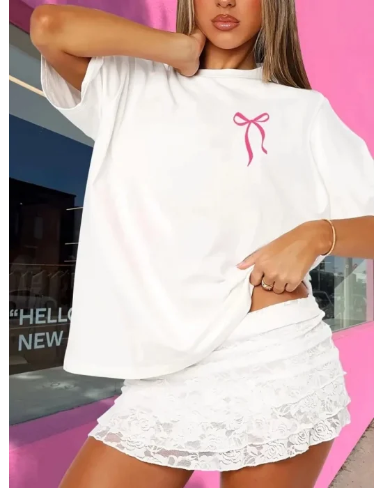 Fiyonk Baskılı Oversize Bisiklet Yaka T-shirt - Beyaz