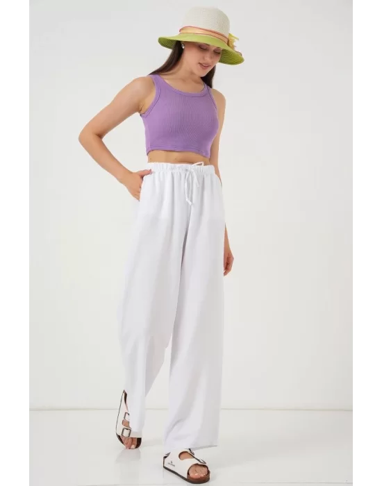Geniş Paça Keten Pantolon 6735 - Beyaz