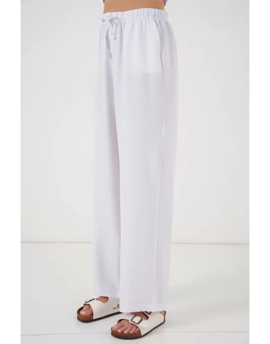 Geniş Paça Keten Pantolon 6735 - Beyaz