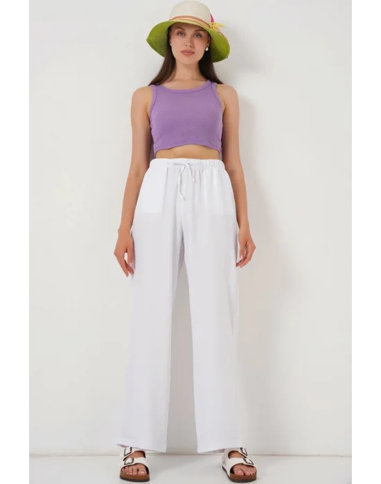 Geniş Paça Keten Pantolon 6735 - Beyaz